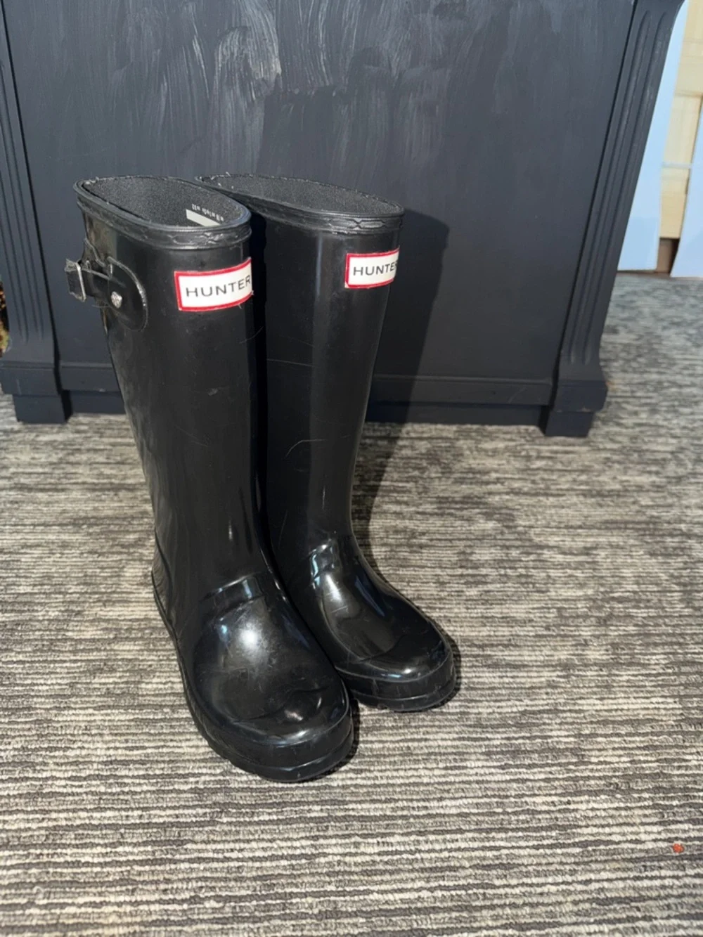 Hunter Original Kids Tall Black Gloss Boots Size 1 Boy 2 Girl